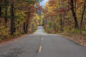 A winding road through a forest with colorful autumn foliage of red, yellow, and orange leaves