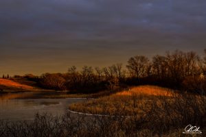 A tranquil landscape with bare trees surrounding a serene pond under a dramatic, cloudy sky, and the last rays of sunlight casting a warm glow on the grass.