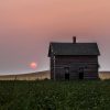 Old wooden house in a field with a red sun setting behind it, under a pink sky.