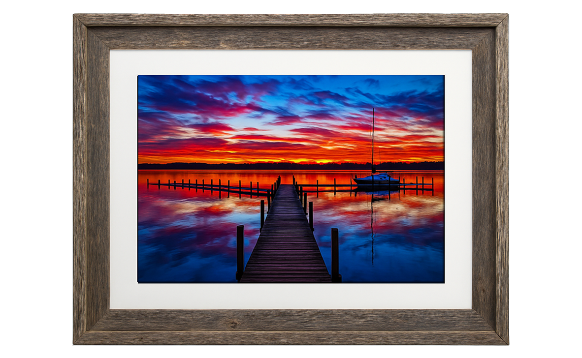 Framed landscape print of Goldstar Sunrise with white mat and rustic barnwood frame