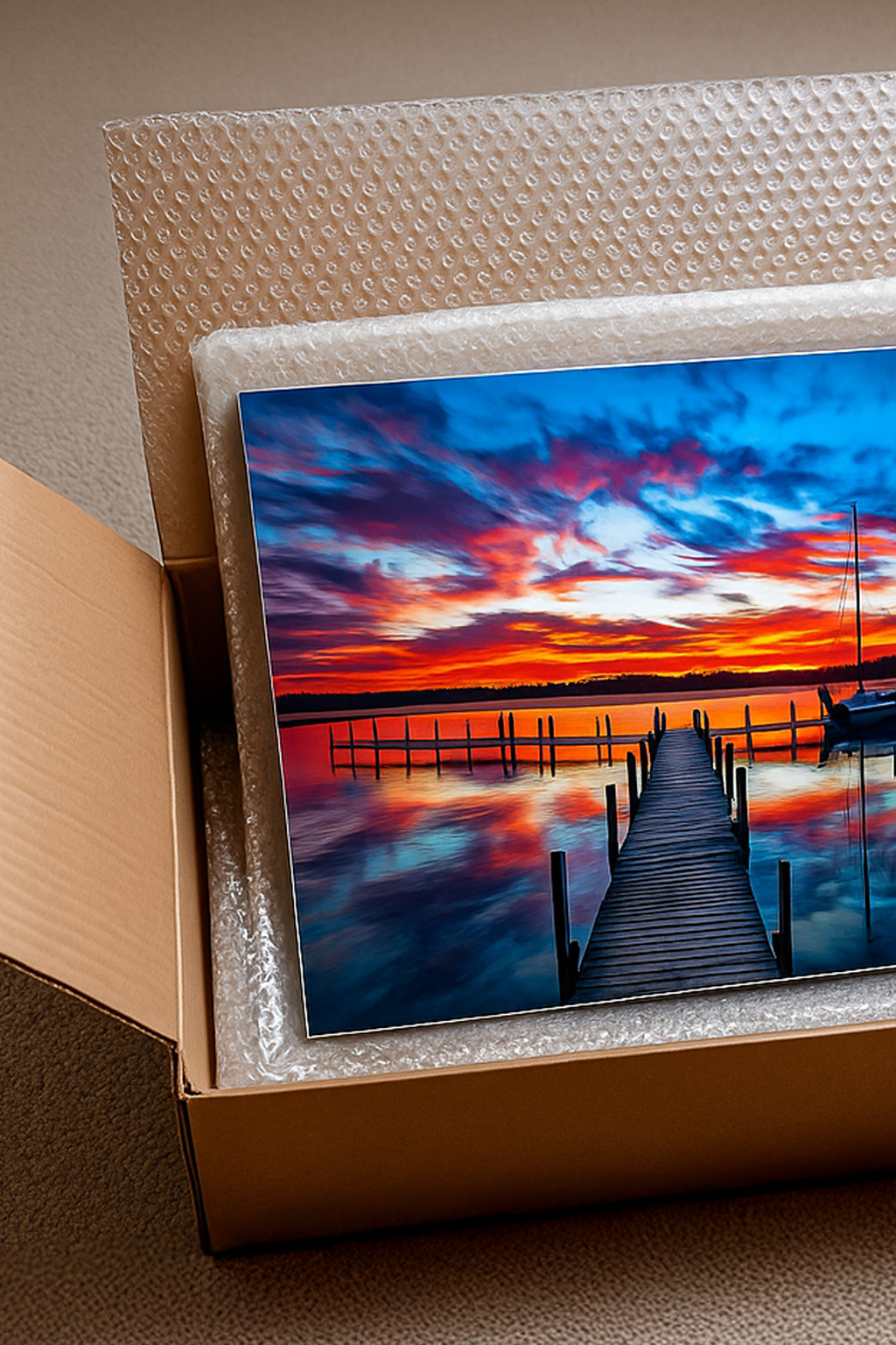 Unboxing a fine art metal print featuring a vibrant sunset over a lake, safely wrapped in bubble wrap inside a cardboard box