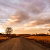 A winding dirt road through golden fields under a vibrant sky at sunset