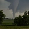 Tornado touching down on a green field framed by trees under a dark, stormy sky.