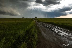 A stormy rural road stretching into the horizon, bordered by green fields and under a looming, dramatic sky.